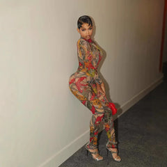 A Print Long Sleeve Mesh Jumpsuit