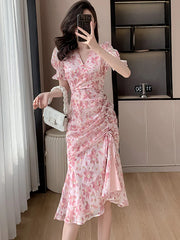 2024 Pink Floral Chiffon Sequins Prom Clothes Women Short Sleeve V-Neck Casual