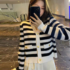 Sweater Elegant Korean Fashion White Black Striped Style Vintage For Cardigan Women