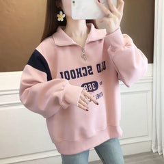 Zipper Spliced Printed Letter Sweatshirts Female Clothing 2024 Spring New Loose All-match