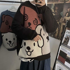 Men Winter Cartoon Bear Sweater Cozy Knitted Pullover with Long Sleeves
