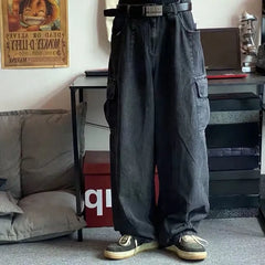 Baggy Black Denim Pants Men's Cargo Streetwear