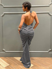 Ruched Halter Maxi Backless Dress