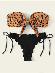 Bikini 2024 Woman Sexy Front Lace Up Tie Bandeau Leopard Swimsuit