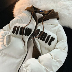 Korean Style Retro Oversize Hooded Jacket for Women with Letter Embroidery Winter Coat