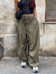 Sweatpants White Loose Drawstring Low Waist Streetwear Cargo Pants