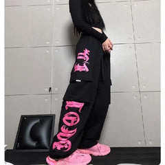 Korean Cargo Pants Wide leg Women Streetwear Printed Multi-Pocket Loose Casual