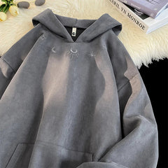 Suede Moon Embroidery Black Hoodie for Men's Autumn-Winter Wardrobe. Stay Stylishly Baggy with this Harajuku-Inspired Sweatshirt