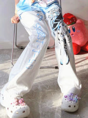 Y2K Anime Print White Pants Women Harajuku Wide Leg Trousers
