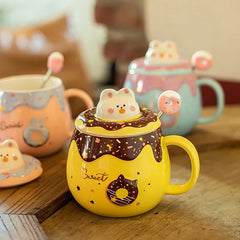 Cute Donut Ceramic Mug With Lid Spoon Coffee Mugs For Couple Large Capacity