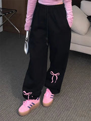 Korean Fashion Fleece Sweatpants Women Y2K Bow Print Brushed Oversized Winter
