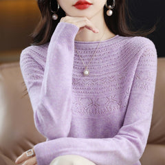 Autumn Winter New Seamless One-Line Pullover WooL Round S Neck UpperBody Hollow