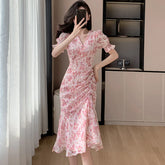 2024 Pink Floral Chiffon Sequins Prom Clothes Women Short Sleeve V-Neck Casual