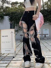 Y2k Distressed Women's Jeans: High Street Hip Hop Style, High Waist, and Loose Fit