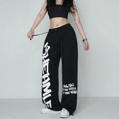 Autumn Streetwear Sweatpants Women Korean Style Letter Print Black Track Pants Oversized