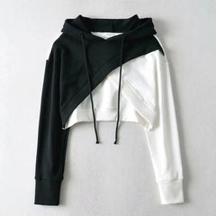 Streetwear Women Cropped Y2K Hoodies Casual Long Sleeve Contrasting Color Hooded