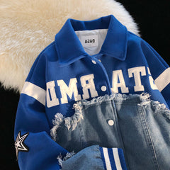 Jacket women thin lapel klein blue denim stitching baseball uniform