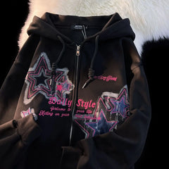 Star print vintage hoodies loose high street oversize sweatshirts trendy cool y2k cardigan