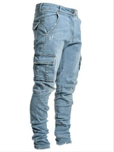 Jeans Men Pants Wash Solid Color Multi Pockets Denim
