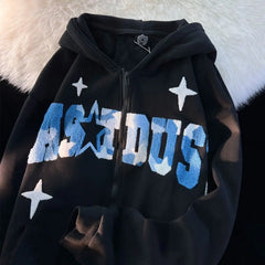 Star Print Hoodies Women High Street Fashion Letters Flocking Zip Up Loose Casual