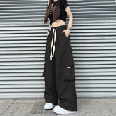 Streetwear Women Oversize Solid Cargo Pants Elastic Waist Drawcord Loose Harajuku Hip Hop Casual