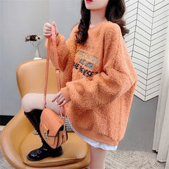 Casual Letter Print Pullover Sweatshirt for Women Fashion Fleece Long Sleeve Coat Autumn Winter