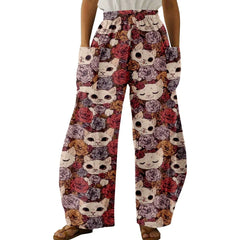 Length Wide Leg Pants with Cute Kitty Cats Graphics