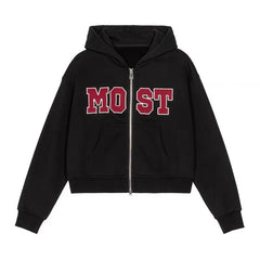 Y2k Hoodies Women Vintage Aesthetic Hip Hop Letter Embroidery Double Zipper