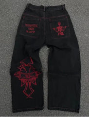 INS Retro Gothic Black High-Waist Jeans Women Wide-Leg Denim Streetwear