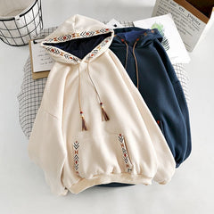 Hoodies Women Plush Hooded Aesthetic Front Pocket Tassel Tie