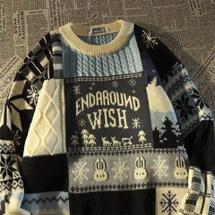 Punk Style Christmas Sweater for Women Loose Fitting Patchwork Design