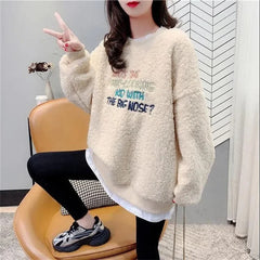 Casual Letter Print Pullover Sweatshirt for Women Fashion Fleece Long Sleeve Coat Autumn Winter