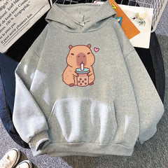 Capybara Loves Drinking Bubble Tea Hoodies Cartoon Women/Men Graphic Poster Sweatshirts Long Sleeve Winter Fleece Pullovers Cute
