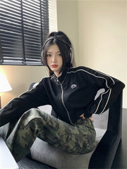 Hoodie Women Vintage Korean Fashion Striped Black Jackets Female Kpop