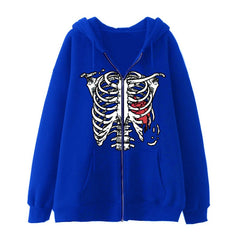 Y2K Dark Skull Skeleton Zip Up Hoodie Men's Oversized Jackets, Gothic Couple's Harajuku Fashion Sweatshirt