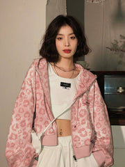 Hoodies Women Leopard Print Oversized Vintage Zipper Cropped Top