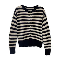 Sweater Elegant Korean Fashion White Black Striped Style Vintage For Cardigan Women