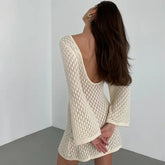 Sexy See Through Backless Knitted Mini Dresses Elegant Long Sleeve Bikini Cover Up 2024