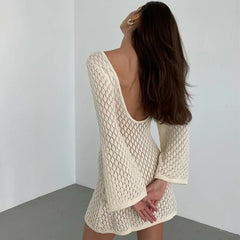 Sexy See Through Backless Knitted Mini Dresses Elegant Long Sleeve Bikini Cover Up 2024