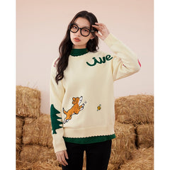 Sweaters Long Sleeves Petal Collar Loose Knitted Pullover Puppy Embroidery Warm Casual Chic Tops