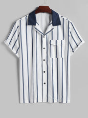 Cotton Men's Short Sleeve Striped Shirt: A Stylish, Summer-Ready Casual Top with Pocket