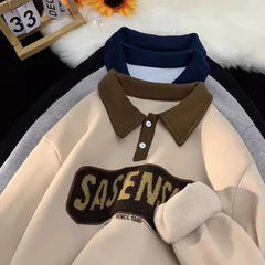 Loose Retro Versatile Long Sleeves Stitching Thick Chic Clothes