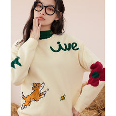 Sweaters Long Sleeves Petal Collar Loose Knitted Pullover Puppy Embroidery Warm Casual Chic Tops