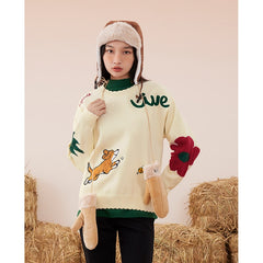 Sweaters Long Sleeves Petal Collar Loose Knitted Pullover Puppy Embroidery Warm Casual Chic Tops