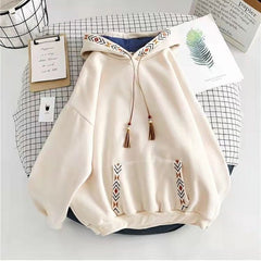 Hoodies Women Plush Hooded Aesthetic Front Pocket Tassel Tie