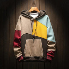 Men Yellow Sweatshirts Hooded Hoodies Fleeced Splicing Funny Streetwear