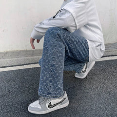 Mens 2024 New Straight Lift Pattern Loose Wide Leg Jeans