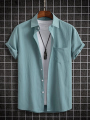 Men's Solid Textured Short Sleeve Button-up Shirt: Summer Streetwear Casual Tops with Turn-down Collar