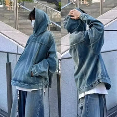 Japanese Denim Hooded Jacket Men Women Loose Casual Vintage Sweatshirt Coat High