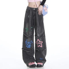 Star Pattern 2024 High Waist Straight Pant Belt Decoration Washed Street Graffiti Raw Edge Splicing